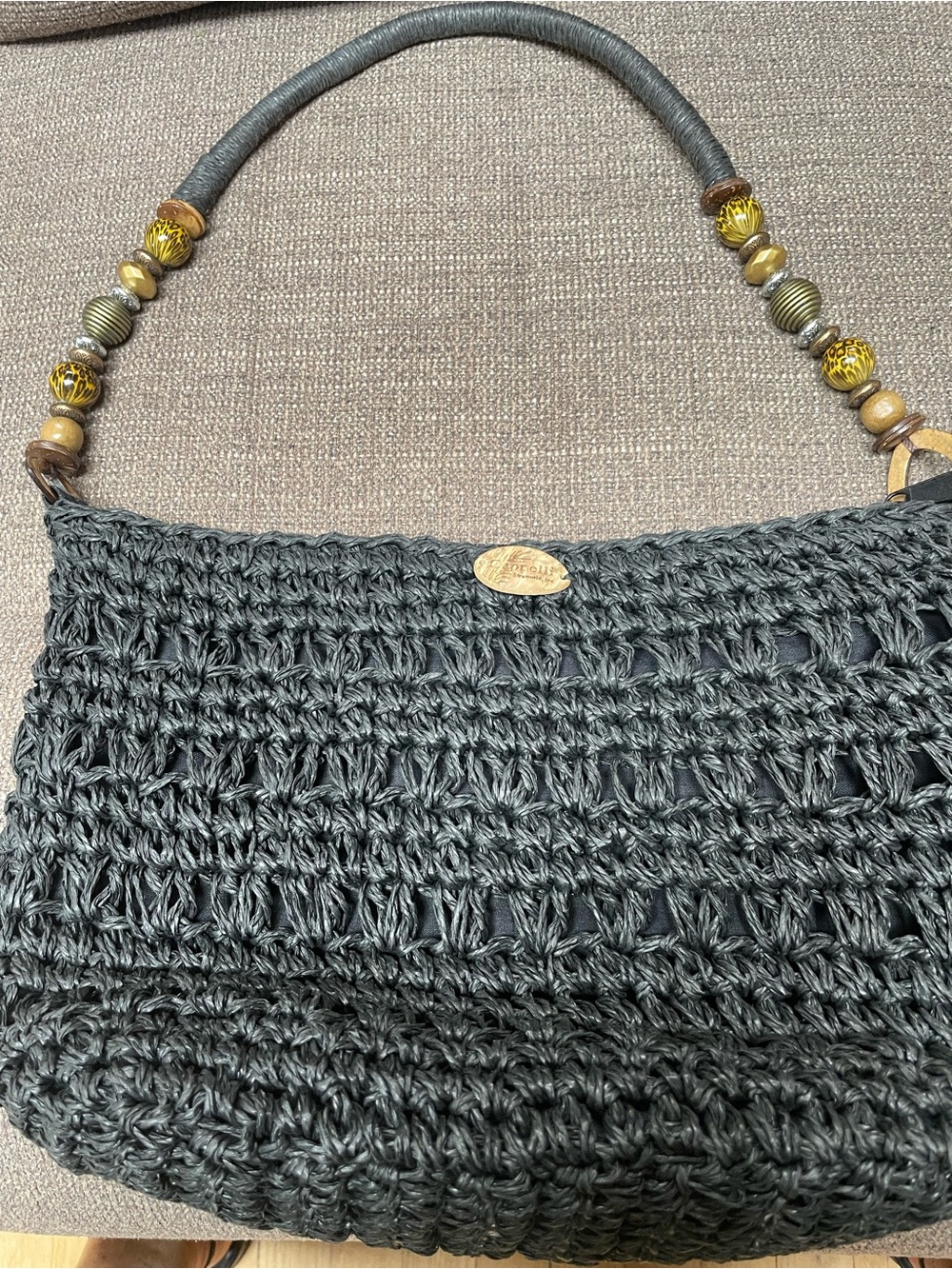 Cappelli Straworld Black Woven Shoulder Bag with Beaded Handle